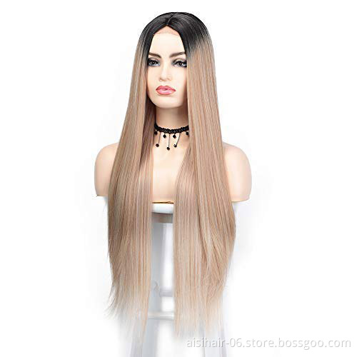 Aisi Beauty Popular Vendor Cheap Long Straight Ombre Blonde Wig Lace Frontal Synthetic Hair For Black Women Lace Front Wig